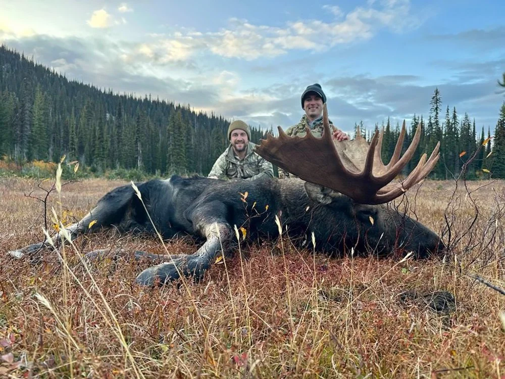 Two hunters pose behind a large dead moose lying on a field with tall grass and wildflowers, with a backdrop of pine trees and a partly cloudy sky.