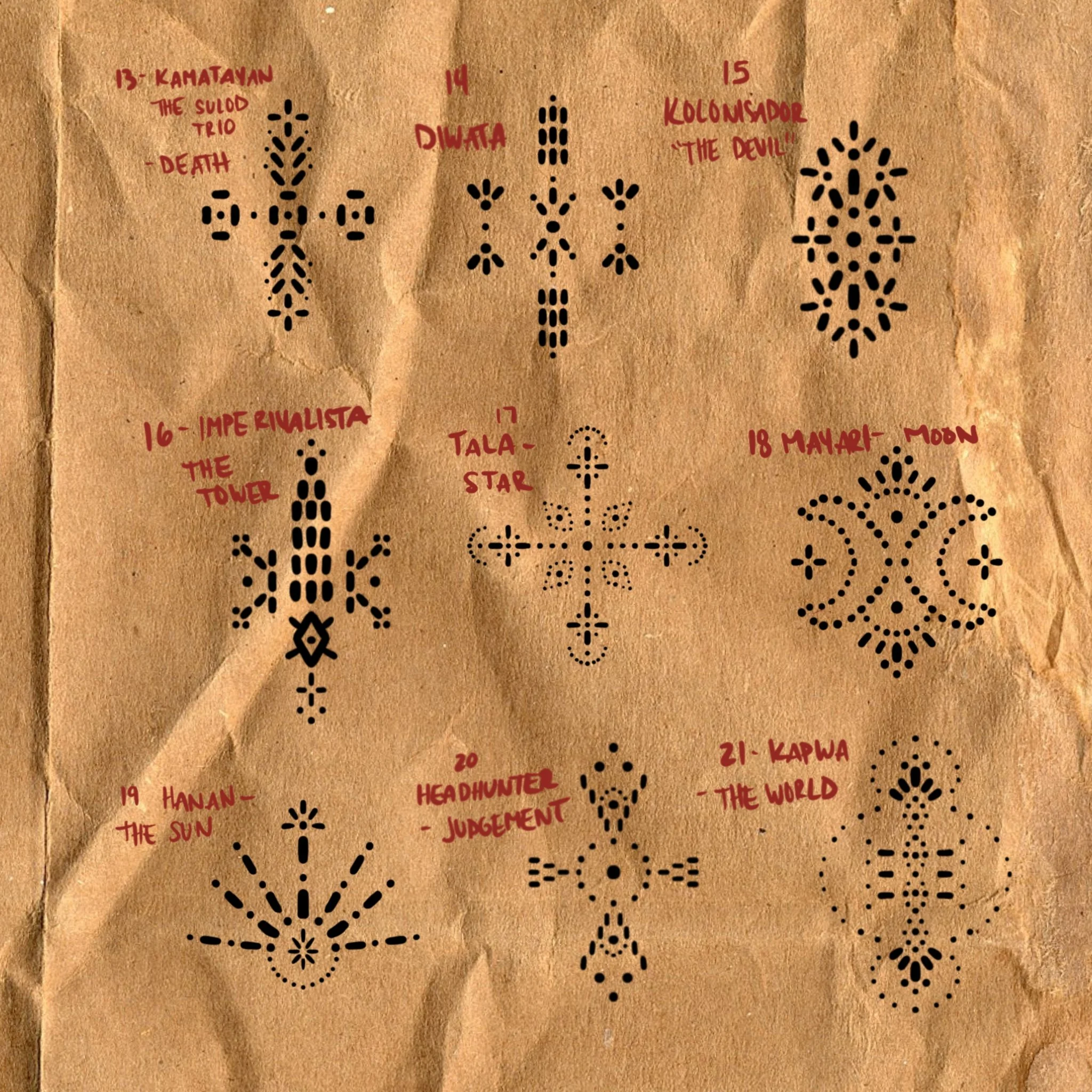 seed markings inspired by the Kapwa Tarot and the major arcana