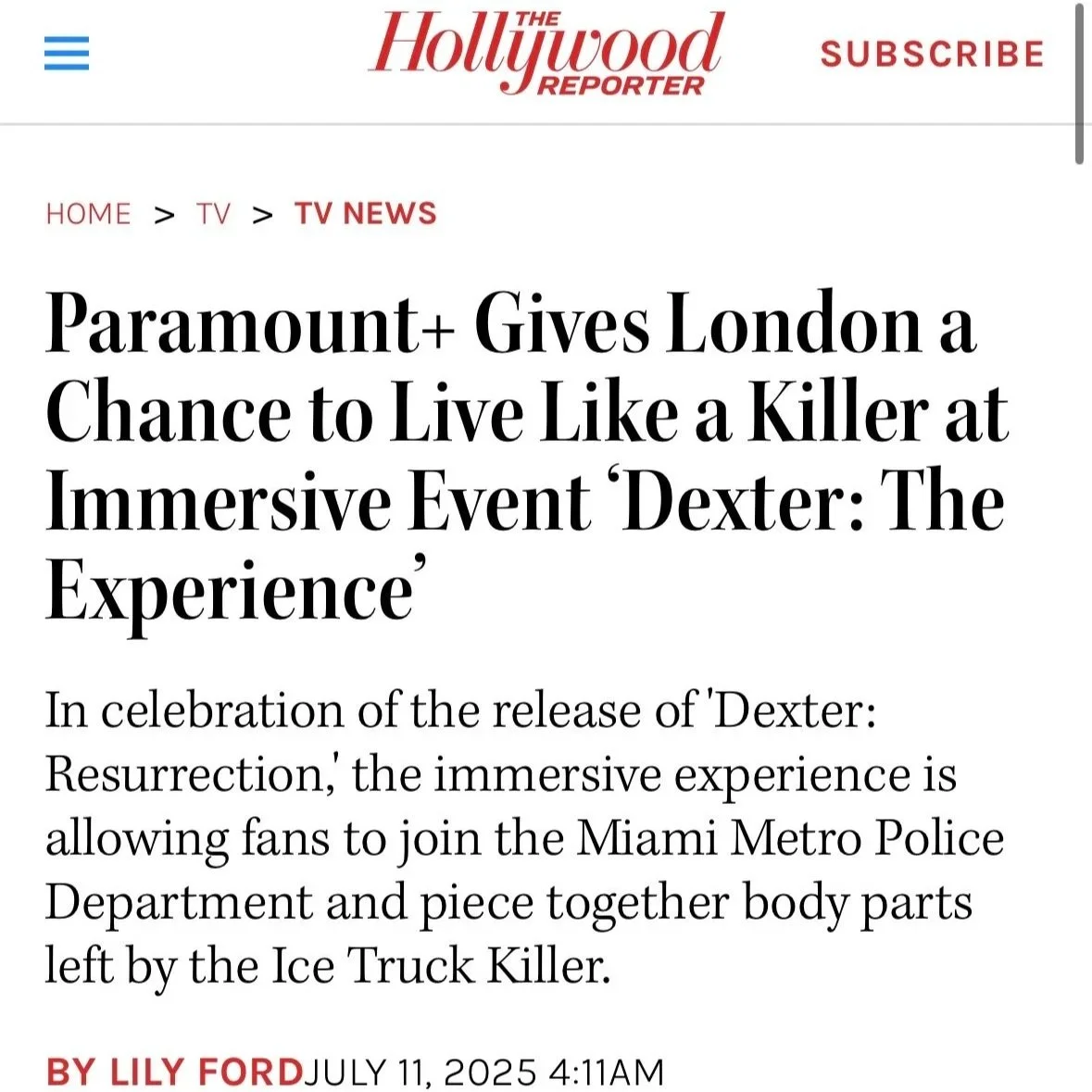 A screenshot of an article on Dexter: The Experience by The Hollywood Reporter