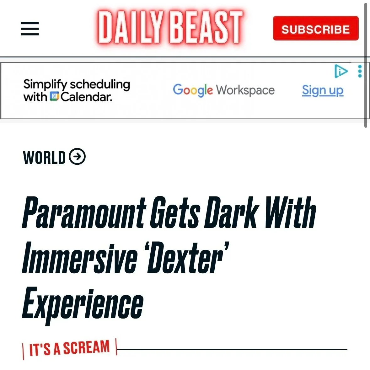 A screenshot of an article by The Daily Beast on Dexter: The Experience