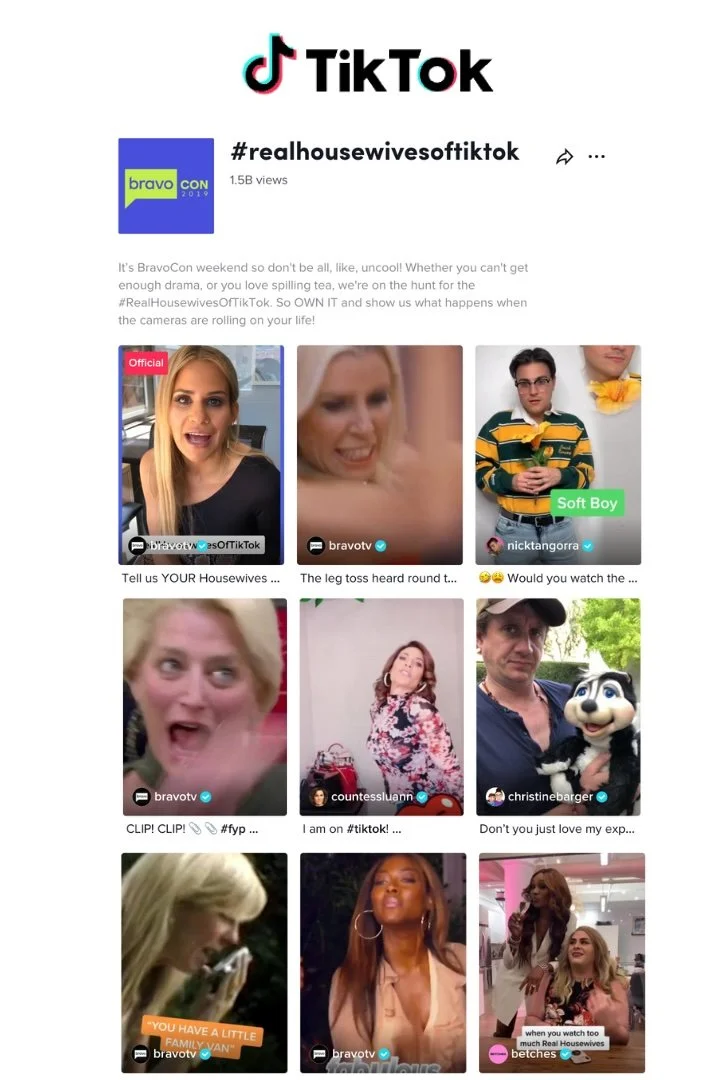 A screenshot of a TikTok Trending Hashtag page prompting users to use #RealHousewivesOfTikTok