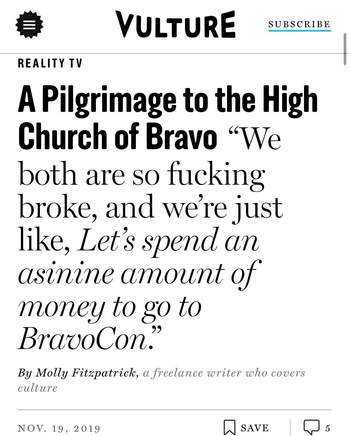 A screenshot of Vulture's BravoCon article titled "A Pilgrimage to the High Church of Bravo"