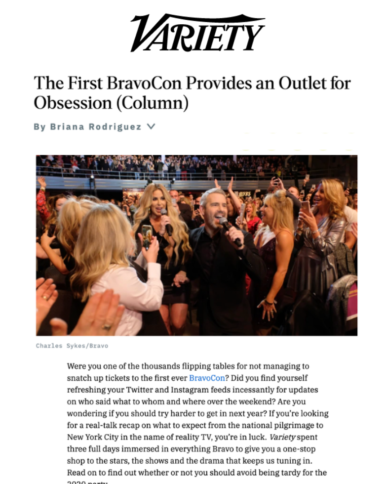 Screenshot of a BravoCon article by Variety titled "The First BravoCon Provides an Outlet for Obsession"
