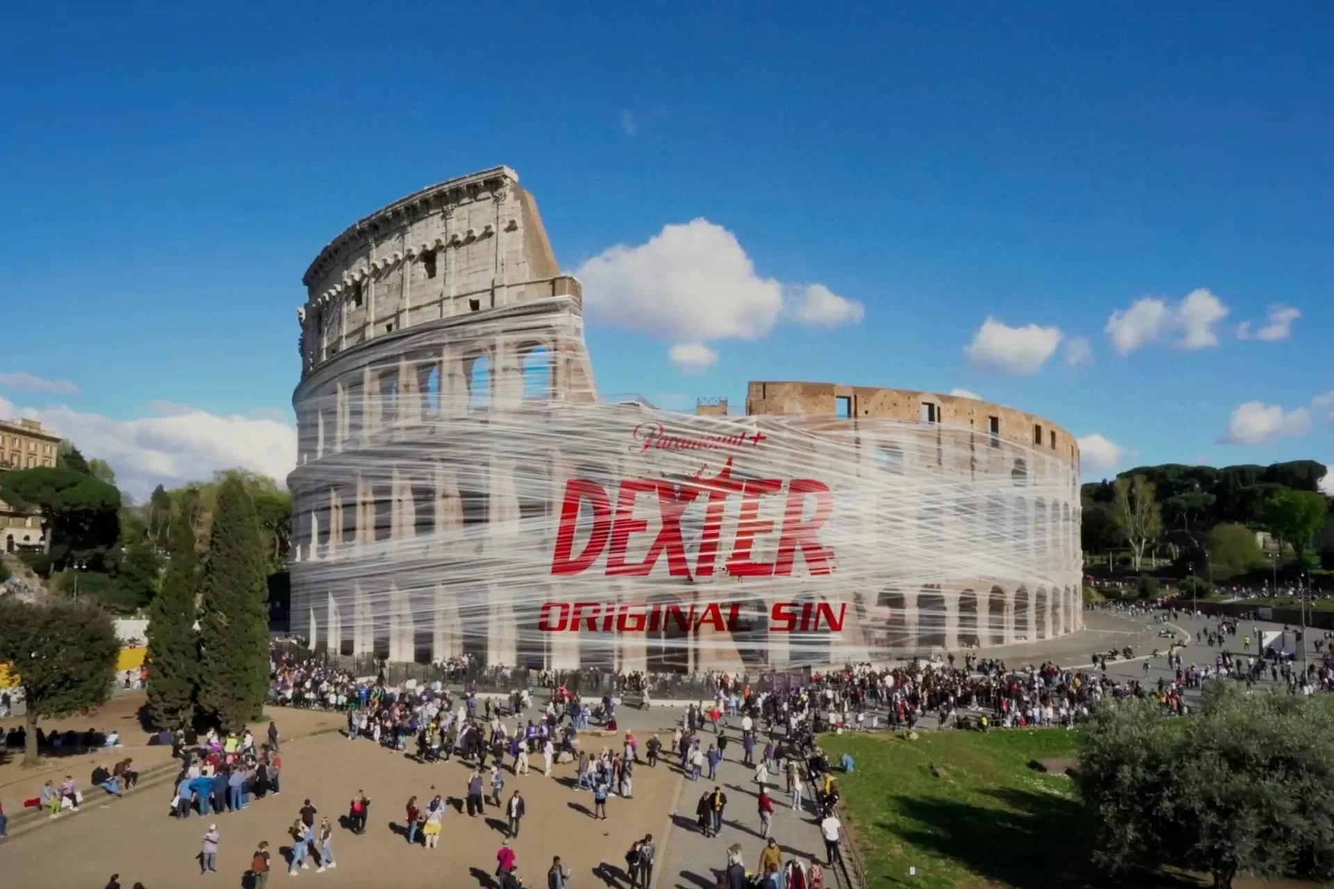 The Roman Colosseum wrapped in plastic with the Dexter: Original Sin logo