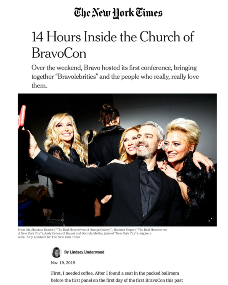 Screenshot of a BravoCon article by The New York Times titled "14 Hours Inside the Church of BravoCon"
