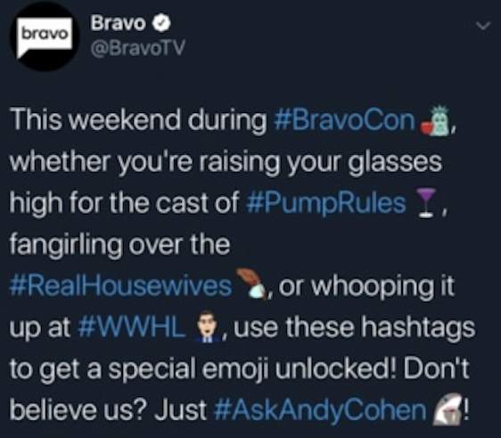 A tweet from @BravoTV prompts users to use branded hashtags for a custom emoji