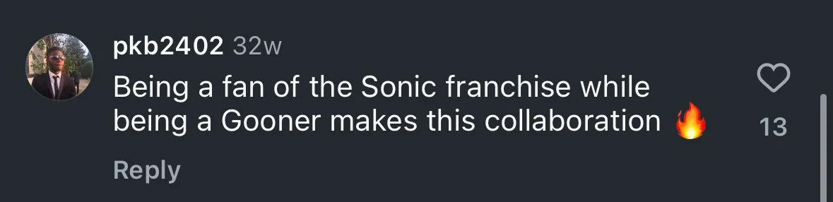 Arsenal supporter comments to say that being a fan of the Sonic franchise and being a Gooner makes this collab perfection