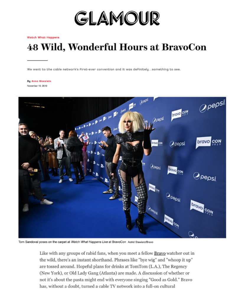 Screenshot of a BravoCon article by Glamour titled "48 Wild, Wonderful Hours at BravoCon"