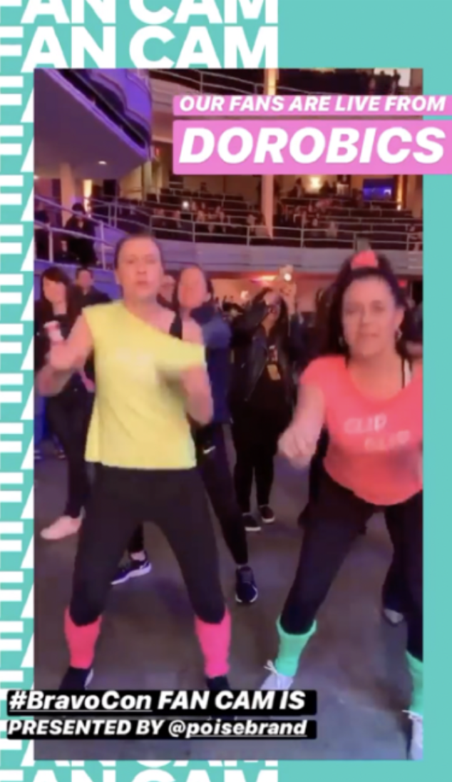 A BravoCon Fan Cam Instagram Story showing Dorobics