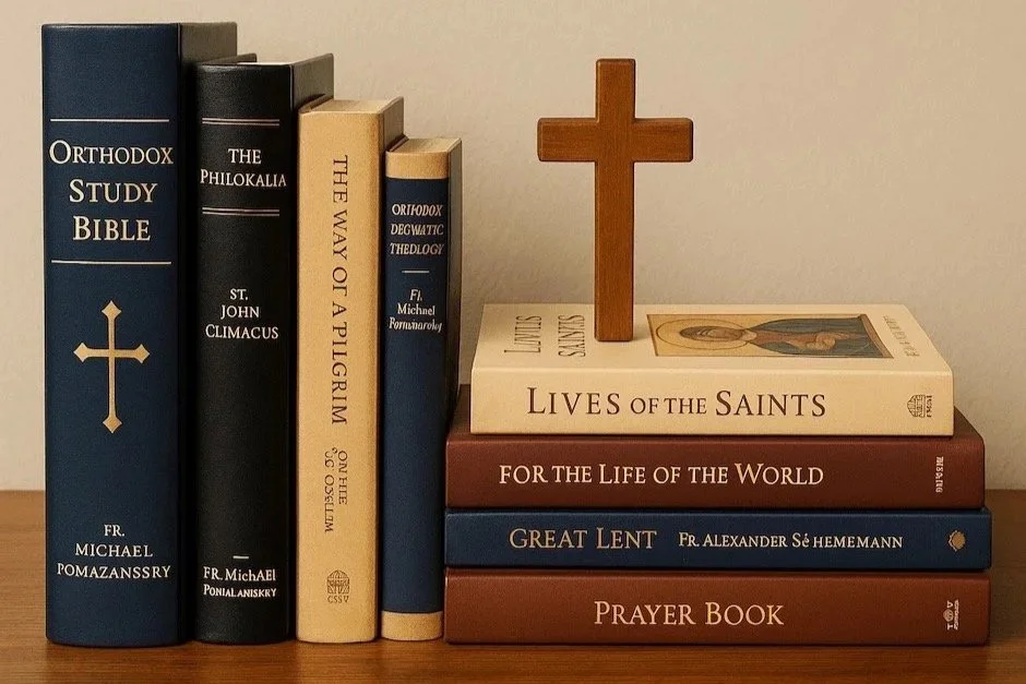A row of religious books and a wooden cross on a table. The books include titles like 'The Holy Bible,' 'Lives of the Saints,' and 'Prayer Book.' There is also a small icon of saints on one book.