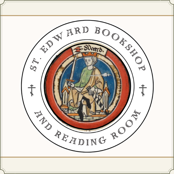 Logo of St. Edward Bookshop and Reading Room featuring a medieval illustration of King Edward I reading a book.
