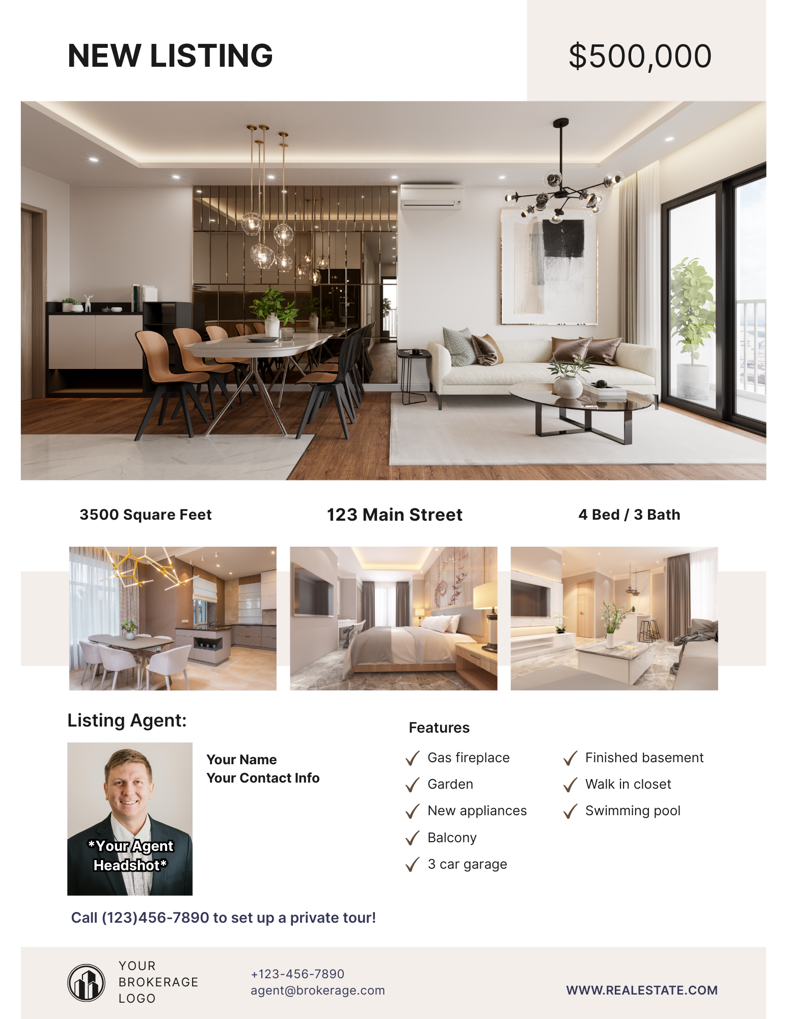 Real estate listing flyer featuring a modern living room with a dining area, office space, and large windows with a balcony. The flyer highlights a property for sale at $500,000 on Main Street, with 4 bedrooms and 3 bathrooms, and includes agent contact information and property features.