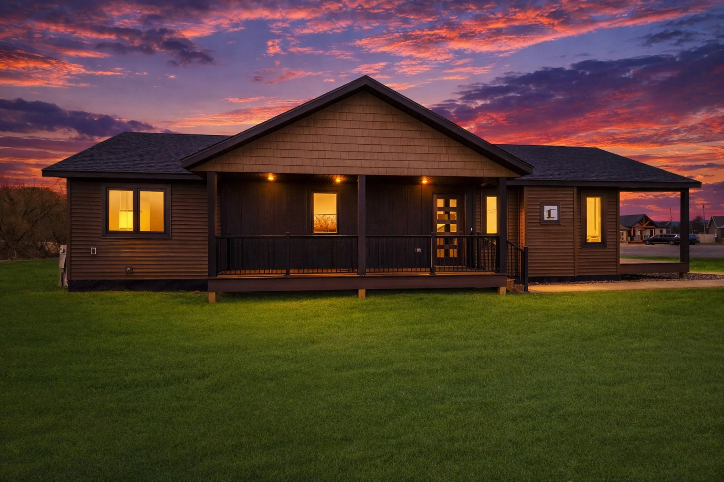 A house at sunset with a colorful sky filled with clouds. The house has a front porch with warm exterior lighting and large windows that reveal interior lights. The house is in a green lawn area.