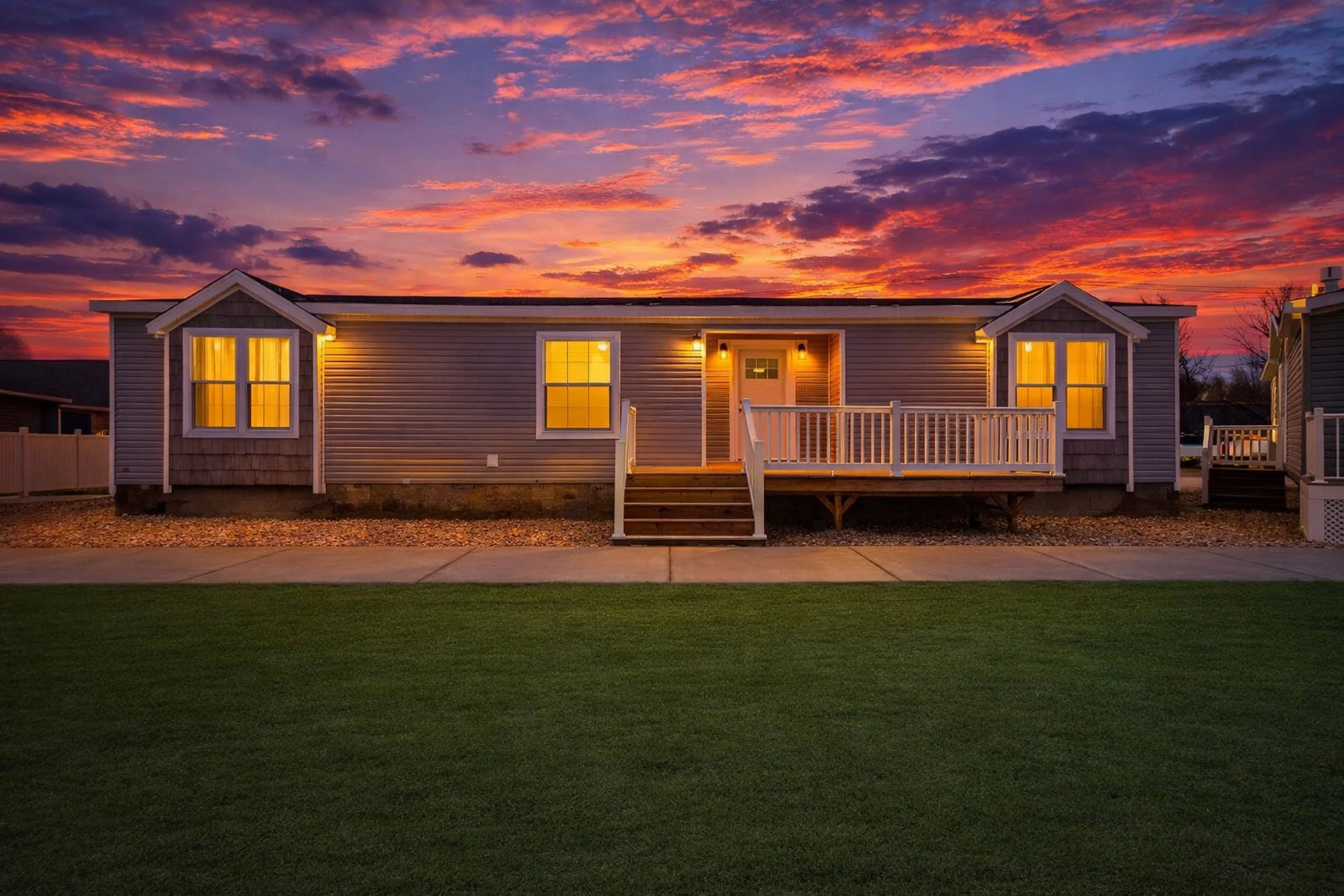 A house during sunset with a colorful sky, illuminated windows, and a front porch and staircase.