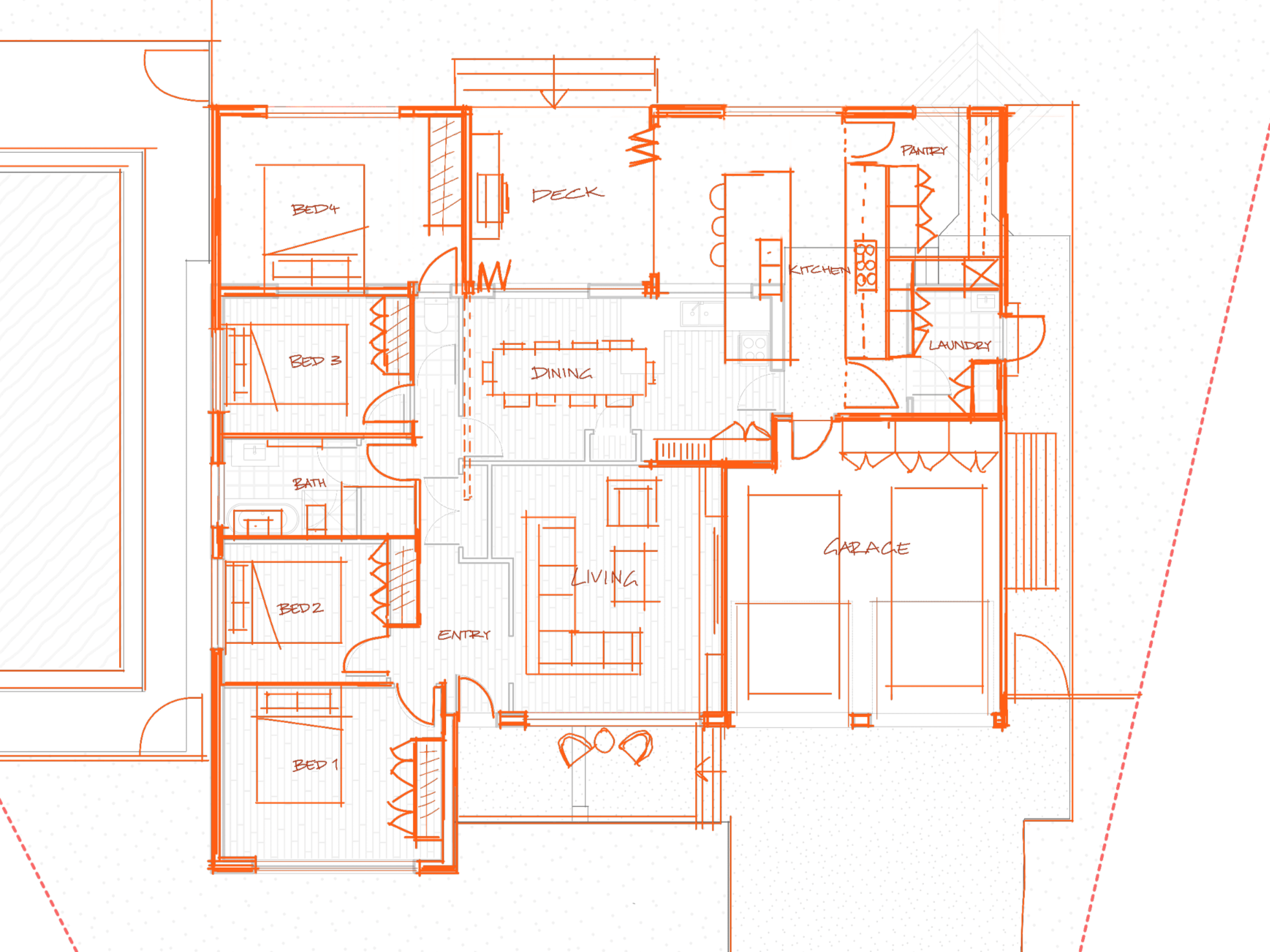 Floor plan of a house showing bedrooms, bathrooms, living and dining areas, kitchen, pantry, laundry room, garage, deck, entry, and other rooms with labels and measurements.
