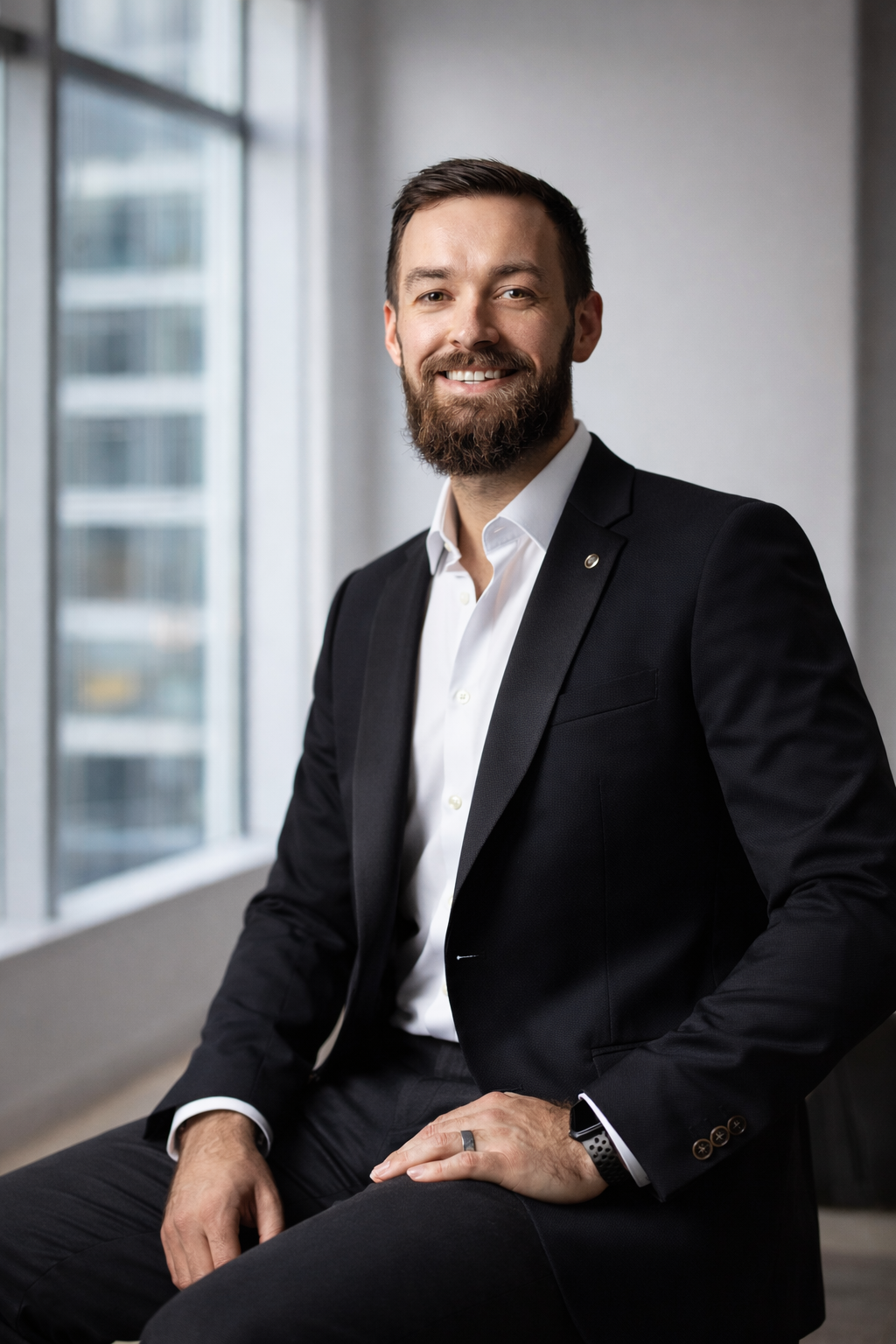 A smiling man in a formal black suit with a white shirt, sitting by a large window in an office building.