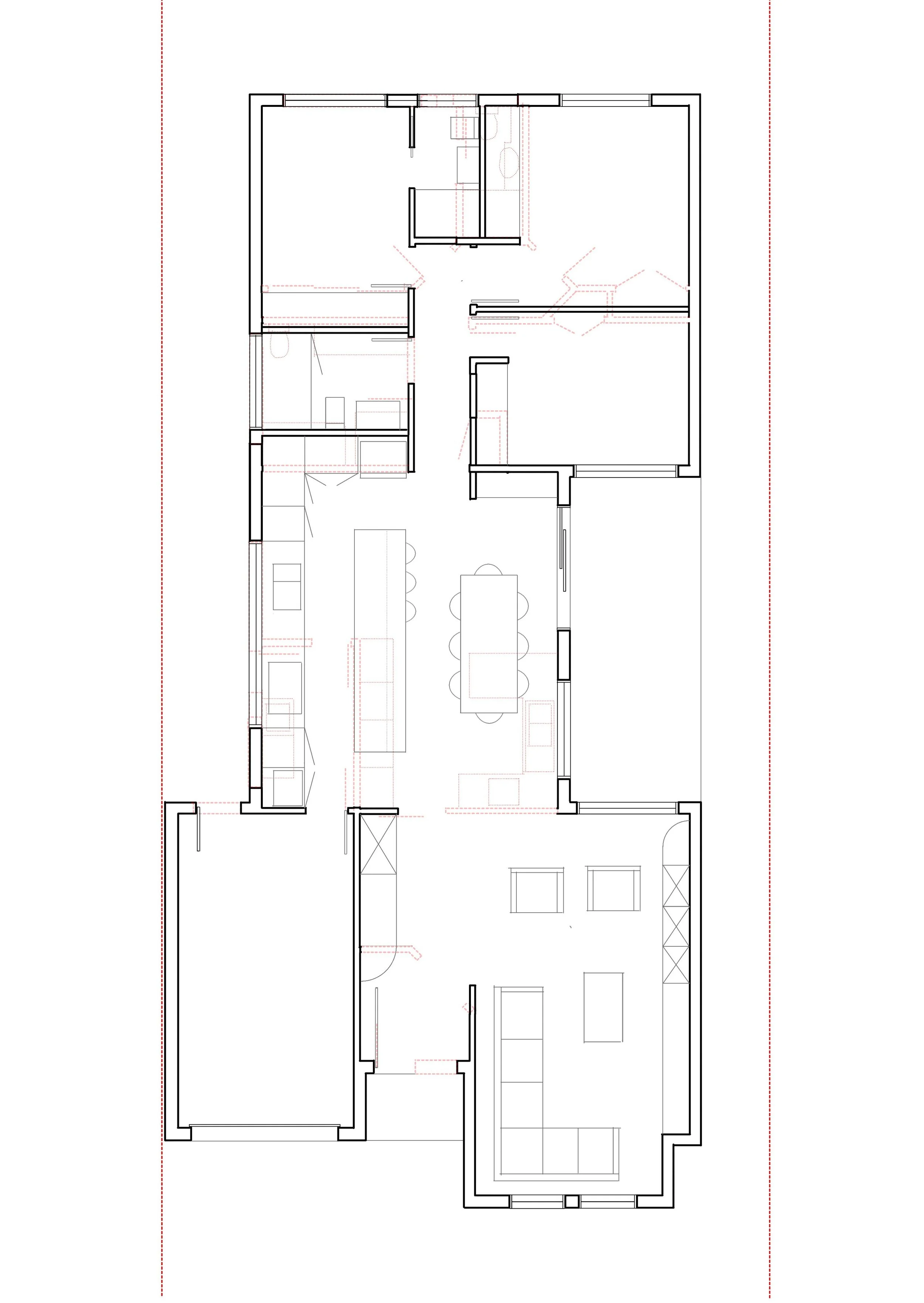 Architectural floor plan drawing of a house with various rooms including kitchen, living room, dining area, bedrooms, bathrooms, and other spaces outlined with black lines.