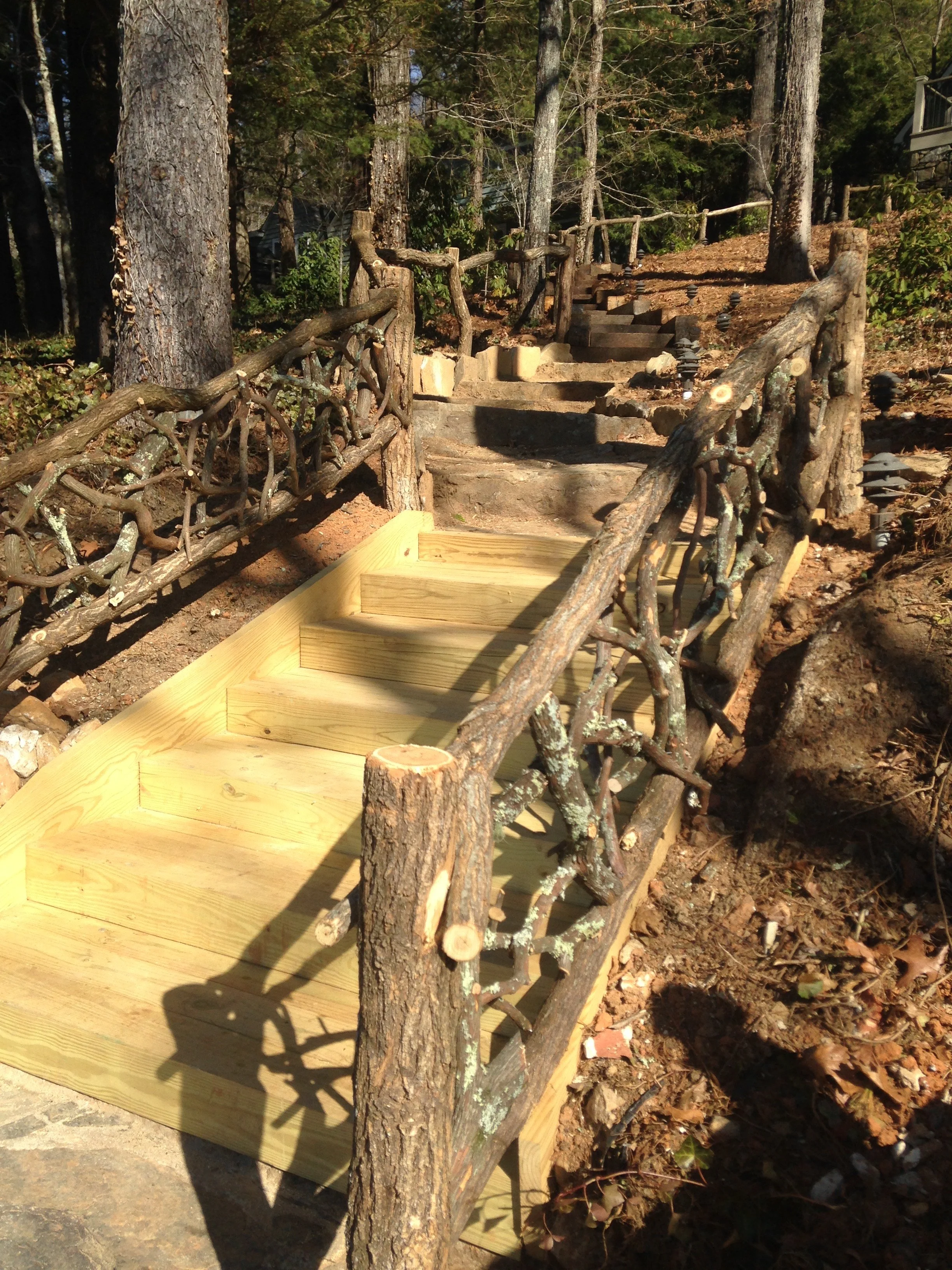 Wooden stairs with rustic tree branch railings leading up a forested hillside.