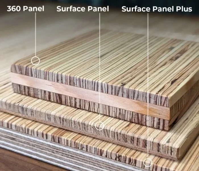 Stacked wooden surface panels labeled 360 Panel, Surface Panel, and Surface Panel Plus, showing different striped wood grain patterns.