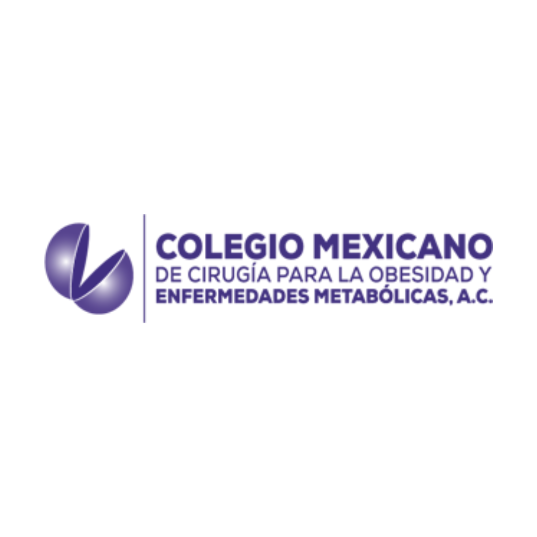 Logotipo del Colegio Mexicano de Cirugía para la Obesidad y Enfermedades Metabólicas, A.C., en color púrpura con símbolo abstracto a la izquierda y texto a la derecha.