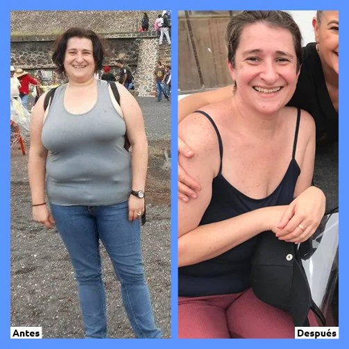 Imagen comparativa de dos fotos de una mujer. La izquierda muestra una mujer con cabello corto, camiseta gris sin mangas y pantalones vaqueros en un lugar al aire libre. La derecha muestra a la misma mujer con el cabello recogido, con una sonrisa, usando una blusa negra y pantalones color vino, en una celebración o reunión.