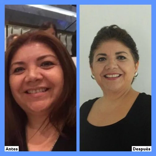 Comparación de dos fotos de una mujer, en la izquierda antes de un cambio y en la derecha después del cambio, mostrando una transformación en su apariencia.