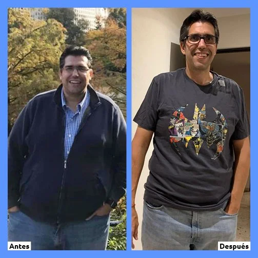 Comparación de dos fotos de un hombre, en la izquierda en un entorno exterior con árboles coloridos, en la derecha en un entorno interior, vistiendo diferente.