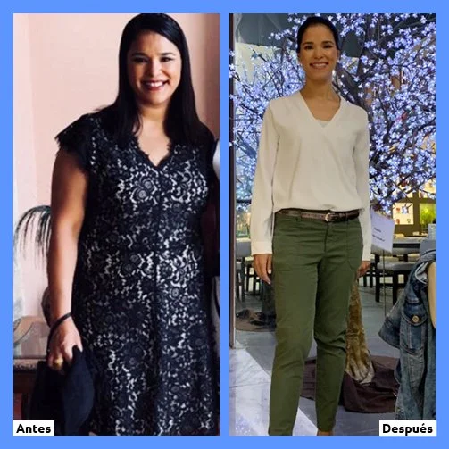 Mujer antes y después de un cambio de apariencia, vestida en vestido negro y ropa casual en un lugar interior y exterior, respectivamente.