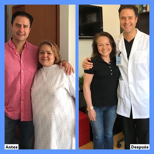 Antes y después de un cambio en la apariencia de una niña con un adulto en diferentes lugares, en la primera foto ella usa una bata hospitalaria y en la segunda está con un médico y otra persona en un consultorio.