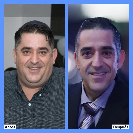 Foto comparativa de dos hombres. La izquierda muestra a un hombre con cabello corto, barba y camiseta oscura, en un entorno informal. La derecha muestra a un hombre con cabello peinado hacia atrás, sin barba, con traje y corbata, en un entorno formal.