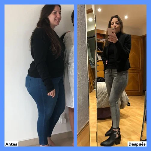 Imagen comparativa de antes y después, mostrando una transformación corporal de una mujer. En la izquierda, de perfil, con ropa ajustada y cabello suelto. En la derecha, con maquillaje, ropa elegante y tacones, en un entorno interior