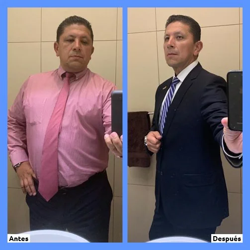 Hombre en ropa formal en una foto del antes y después, mostrando una transformación física notable en un vestuario elegante y melena bien peinada.
