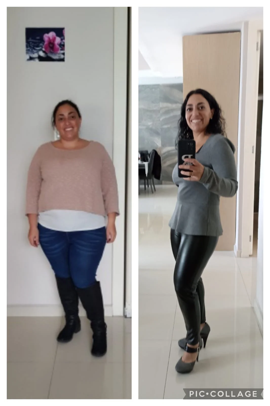 Mujer mostrando su transformación física en una comparación de antes y después, con ropa elegante y cabello rizado.