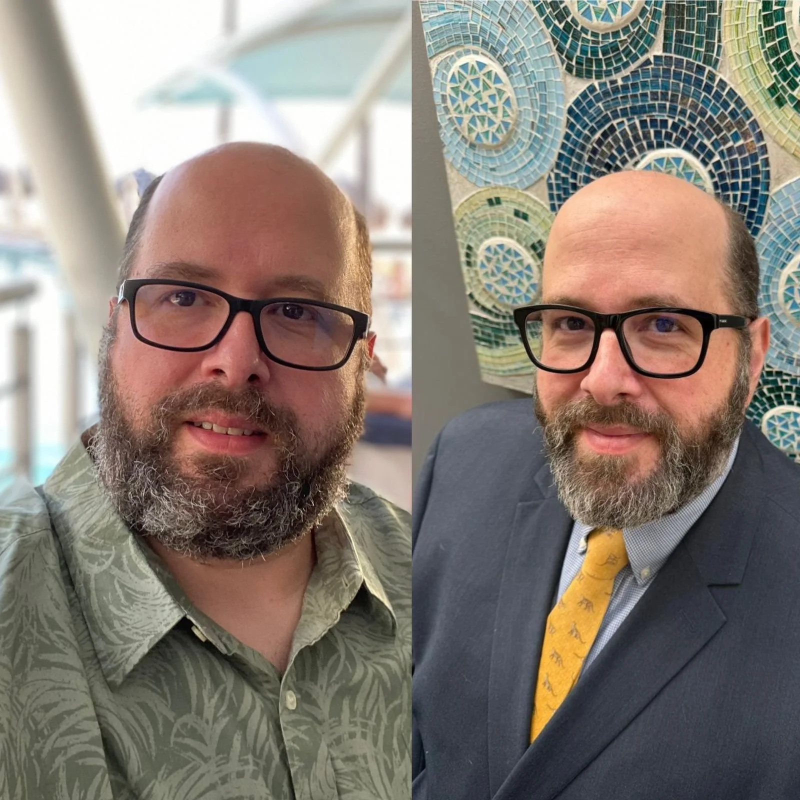 Retrato de un hombre con barba y gafas en dos estilos diferentes: uno con camisa de estampado y fondo de equipaje, y otro con traje y fondo decorativo de mosaicos en tonos azules y verdes.