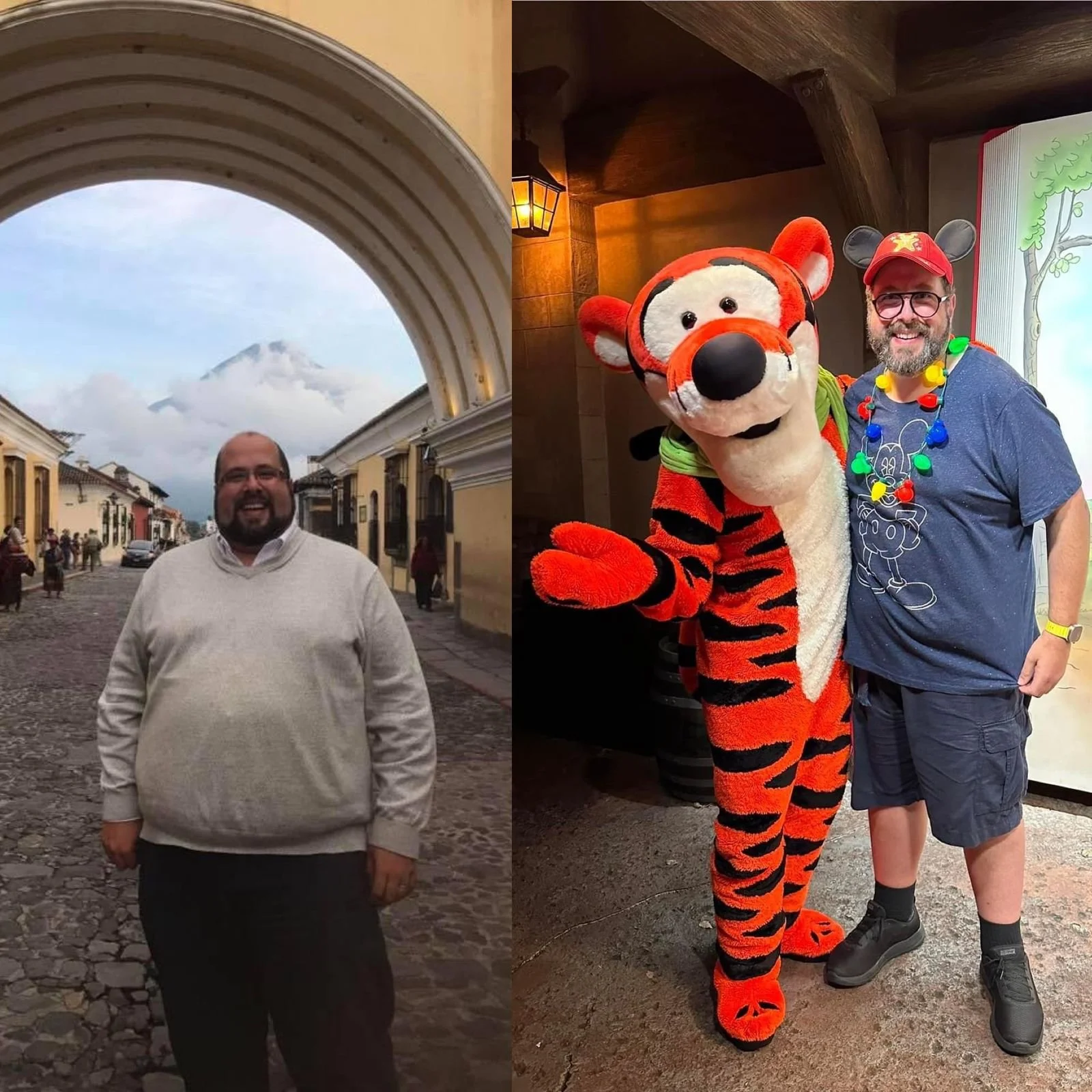 Persona sonriendo en una calle empedrada con arco en el fondo a la izquierda, y en la derecha, una persona con disfraz de Tigger de Winnie the Pooh posando con un hombre con gorra y luces de fiesta.