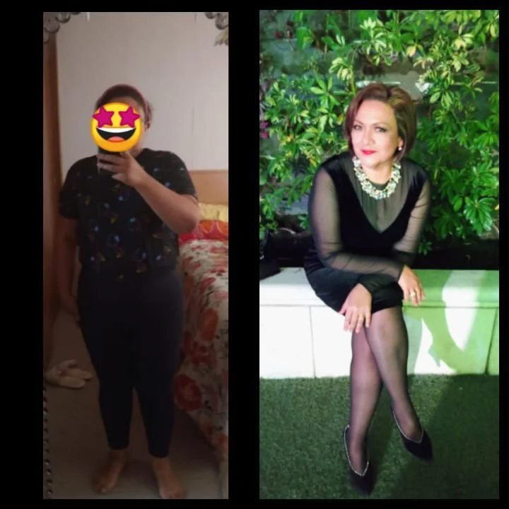 Una imagen dividida en dos partes. La parte izquierda muestra una persona con un emoji en lugar de rostro, vestida con ropa oscura, tomándose una selfie en un espejo. La parte derecha muestra otra persona sentada frente a un fondo de plantas verdes, vestida con ropa elegante negra, con cabello corto y maquillaje, posando en un ambiente decorativo.