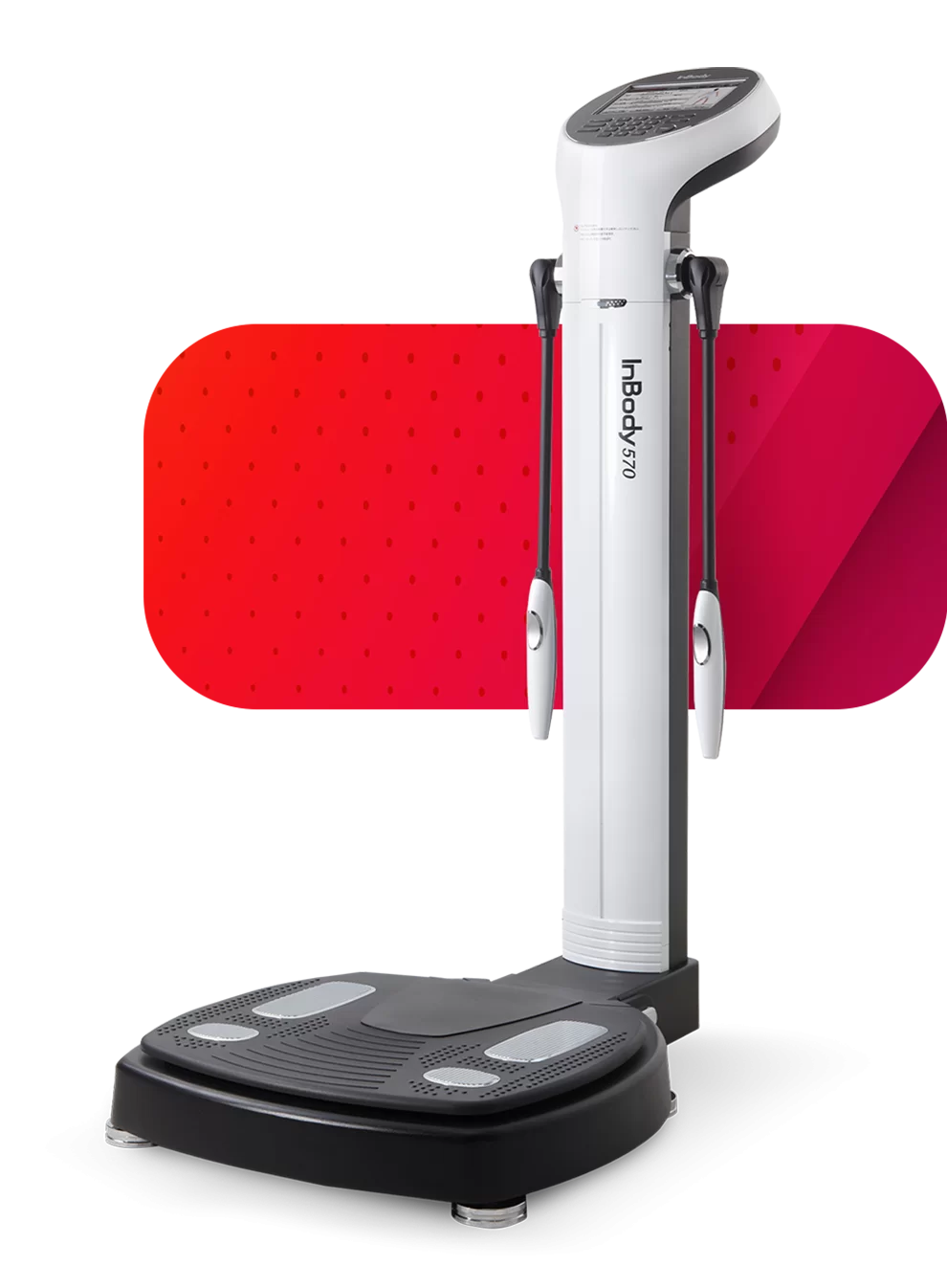 Una máquina de ejercicio para vibración llamada InBody V570, con pantalla y manijas, sobre una plataforma negra con sensores de peso.