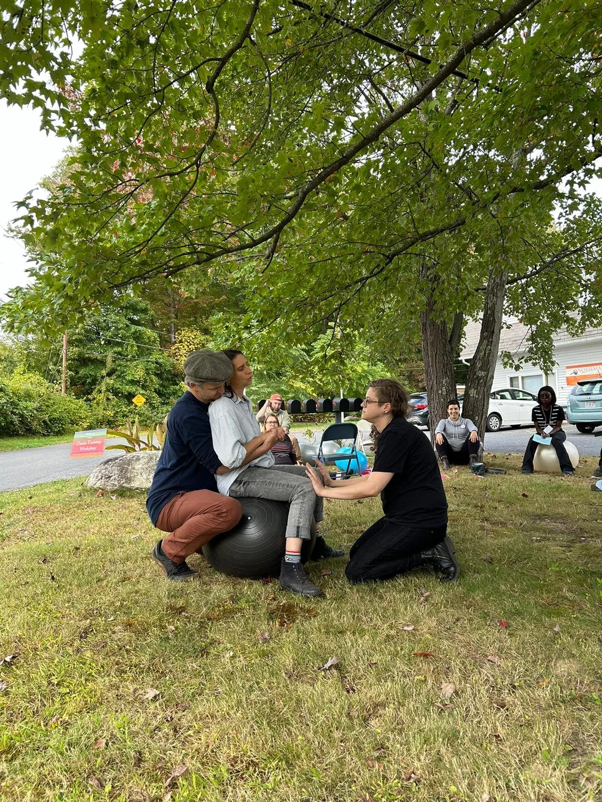 Group of people having an outdoor discussion under a large green tree on a grassy area, with some seated on large rocks and others on the ground, and a mailbox and cars in the background.