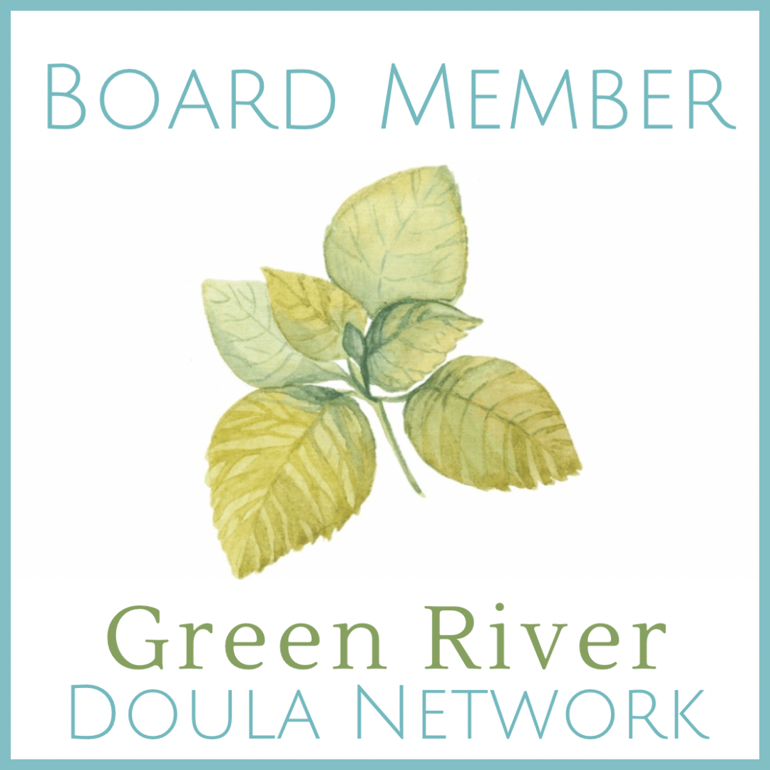 Illustration of green leaves with text 'Board Member Green River Doula Network' in teal and green colors.