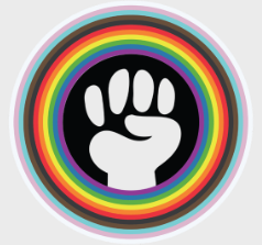 Birthing Doula Advocacy Trainings logomFist raised in black circle surrounded by progressive pride flaf rainbow-colored concentric rings