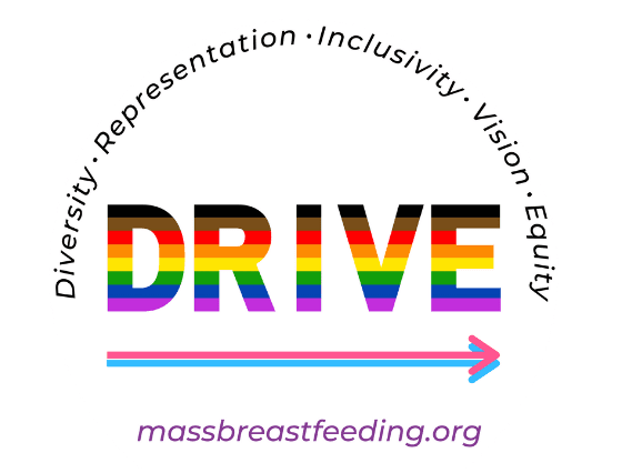 Logo for Drive with a rainbow-colored word 'DRIVE' and a pink arrow pointing right, surrounded by words 'Diversity, Representation, Inclusivity, Vision, Equity' in a circle, with the website 'massbreastfeeding.org' below.