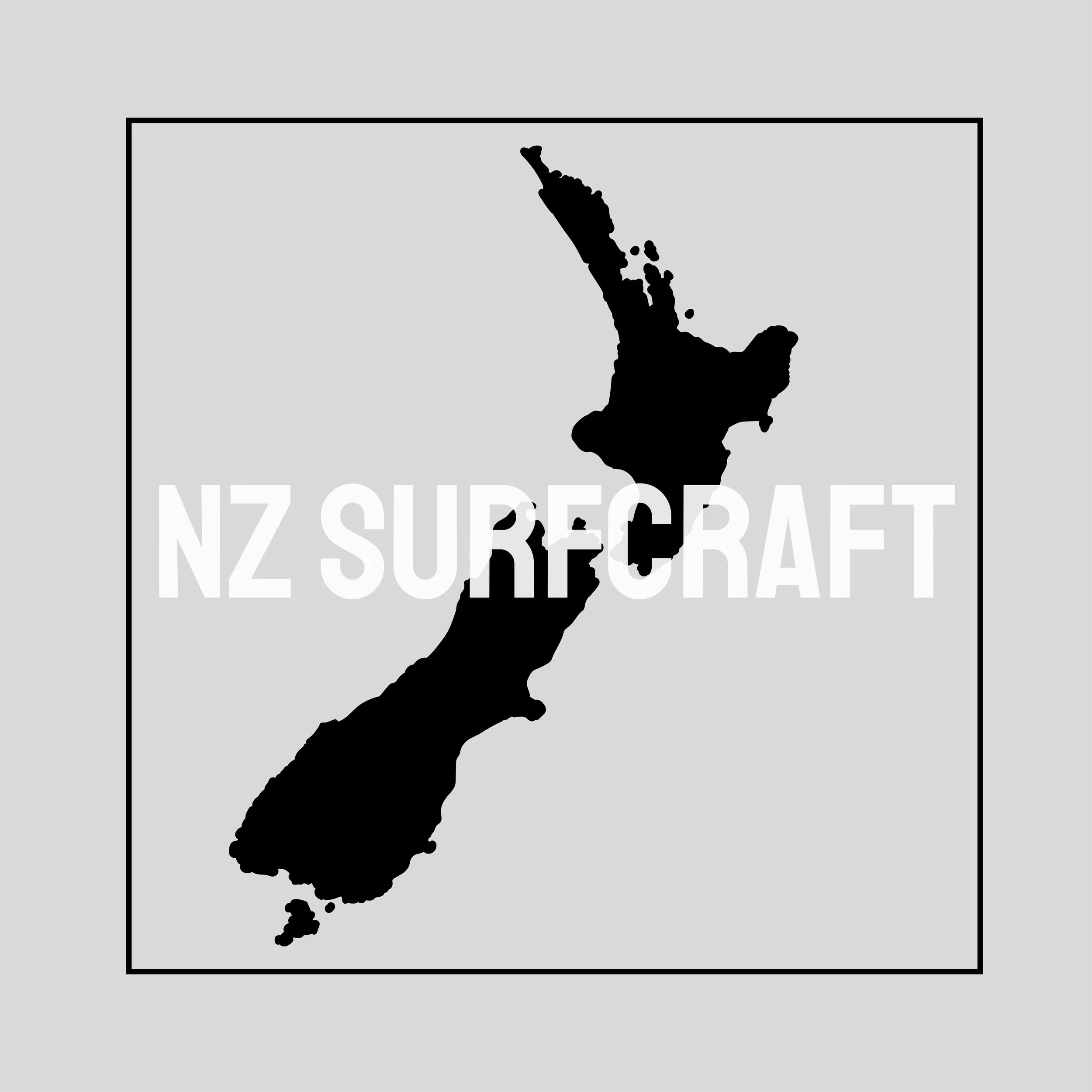 Black silhouette map of New Zealand with the words 'NZ SURFCRAFT' overlayed.