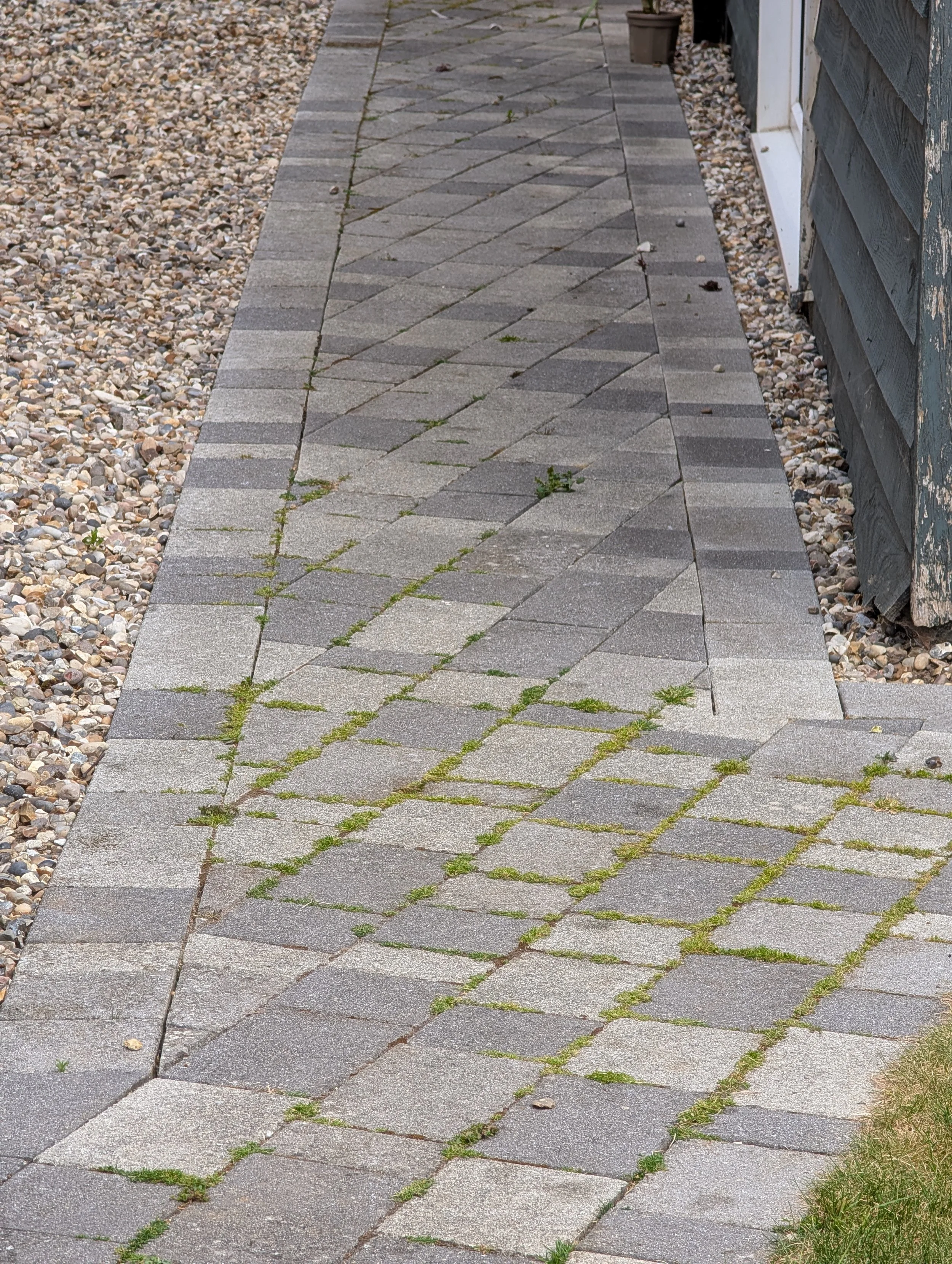 A narrow paved walkway made of dirty and weed filled rectangular grey concrete block paving stones, next to a gravel area and a house with blue siding.