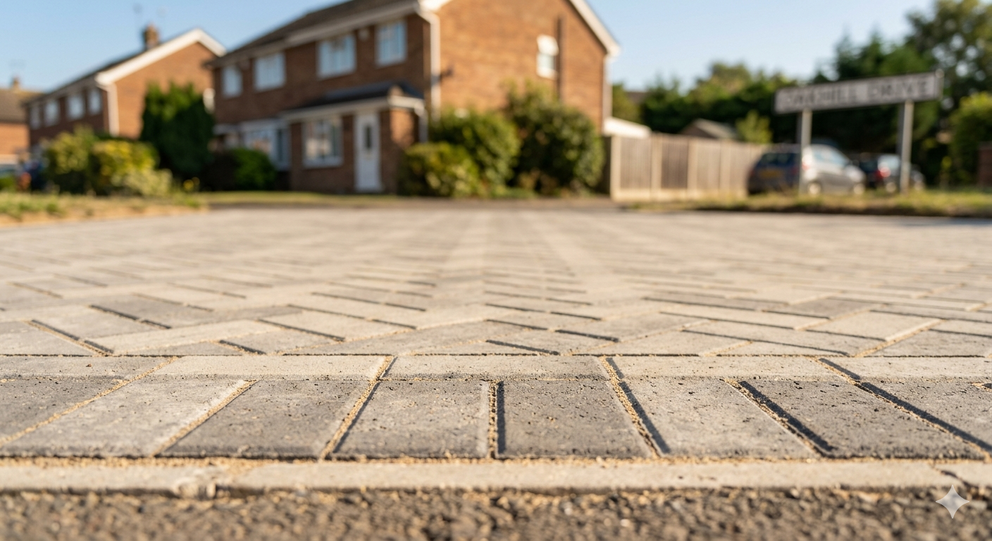 Close-up of a brick-paved driveway with residential houses and parked cars in the background.