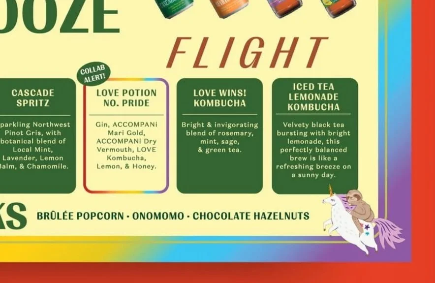 A colorful food or drink menu with different sections and descriptions, including a unicorn and a mouse illustration on the bottom right corner.