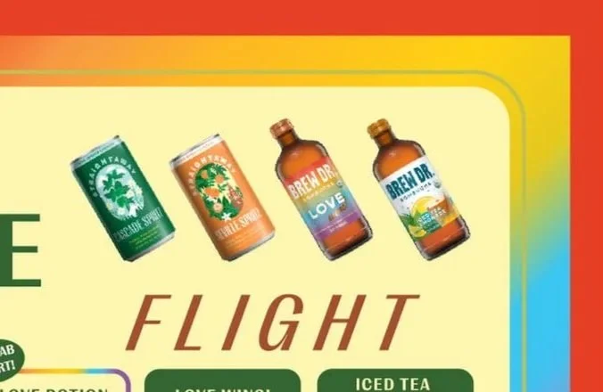 Box with colorful images of different beverage cans and bottles, including green and orange cans, and two brown bottles labeled 'Brew Dr.' with different flavors.