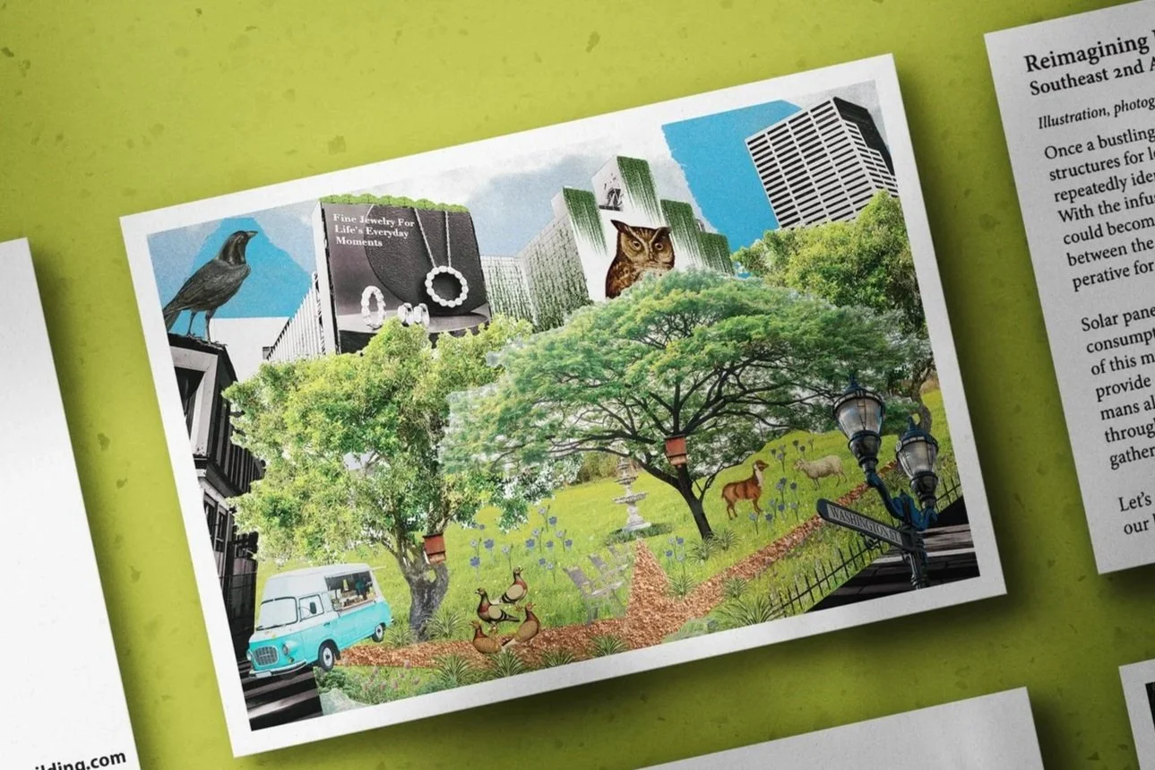 A collage of a city park with trees, animals like dogs, horses, and birds, and a fountain, surrounded by tall buildings and urban elements.