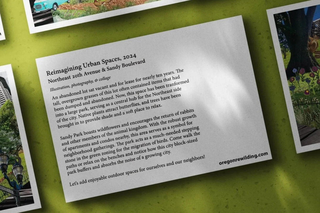A printed flyer or article titled 'Reimagining Urban Spaces, 2024'. It describes the transformation of an abandoned lot into a park on Northeast 20th Avenue and Sandy Boulevard, mentioning native plants, wildlife, and outdoor spaces for community enj