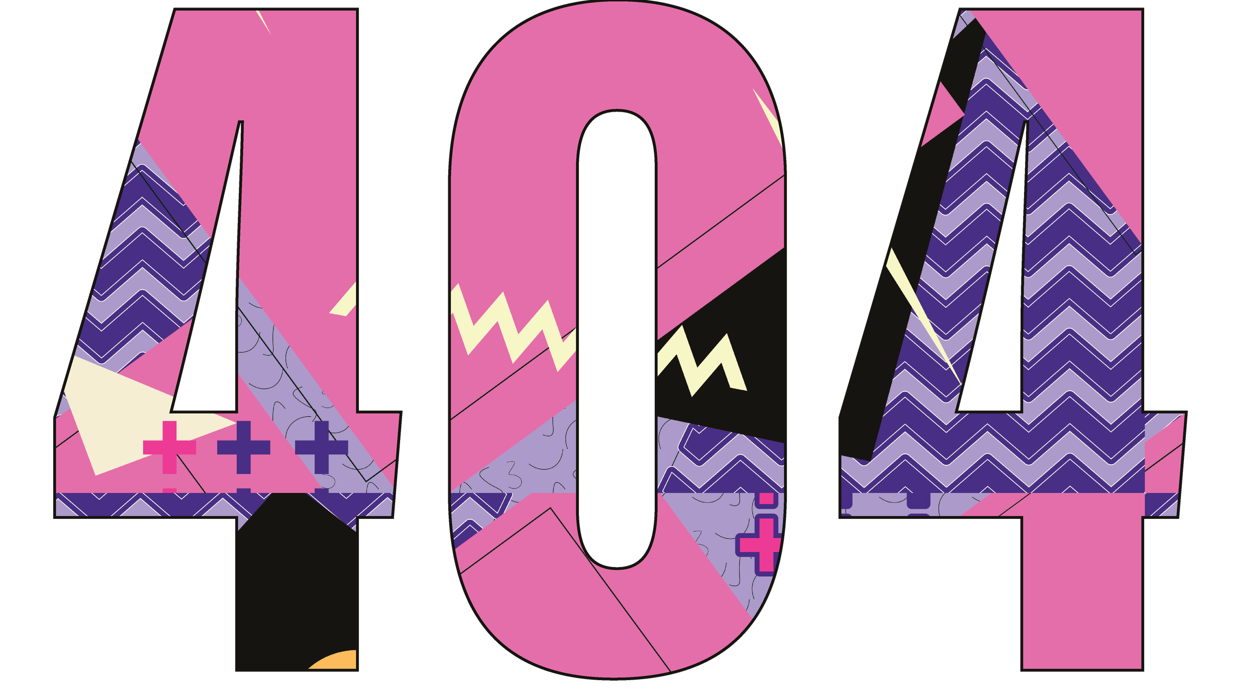 Colorful, patterned number '404' with pink, purple, black, and white geometric designs and symbols on a black background.