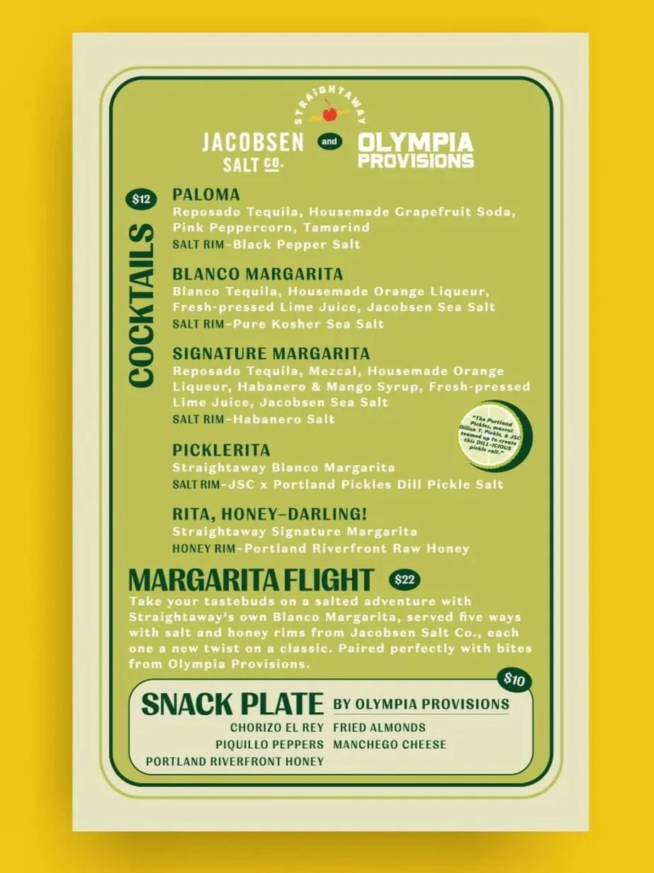 Menu listing various margarita cocktails and a snack plate, including Paloma, Blanco Margarita, Signature Margarita, Picklerita, Rita Honey-Darling, and a Margarita Flight, with ingredients and prices.